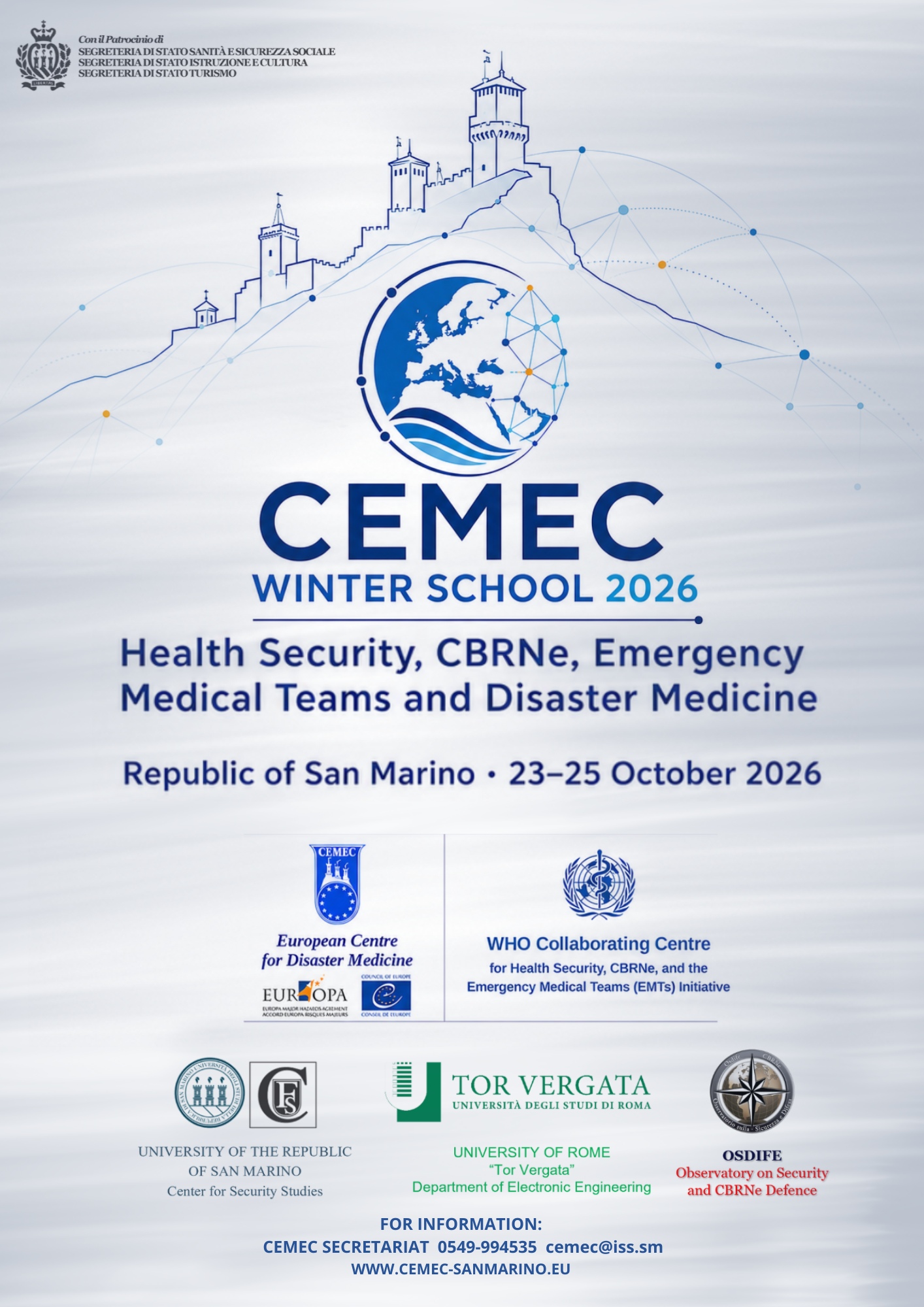 Uradni plakat CEMEC Winter School 2026, San Marino, 23.–25. oktober